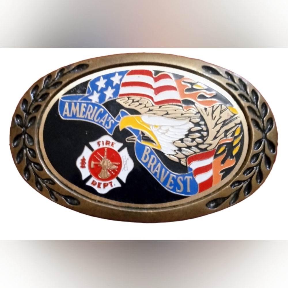 Vintage America's Bravest Fire Fighter Solid Brass Belt Buckle